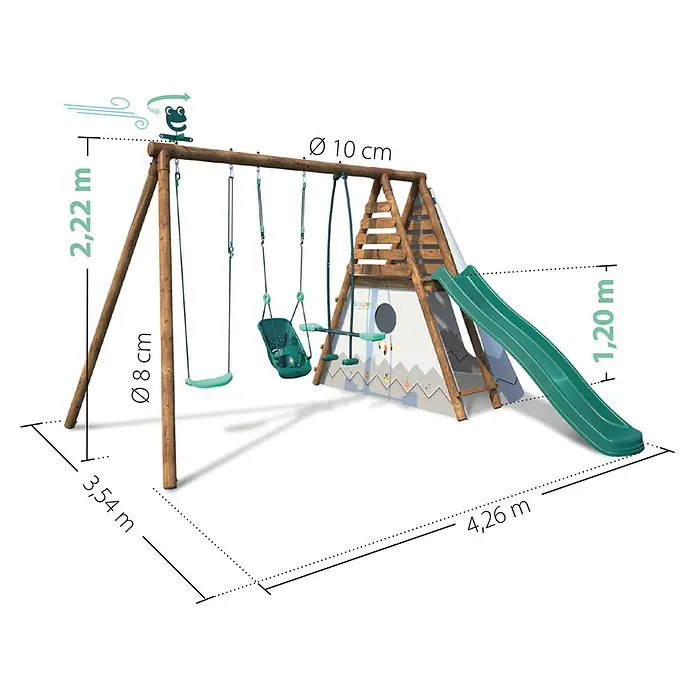 Soulet Schaukel Camelia - B x L: 354 x 426 cm, Holz - Bild eines Kinderspielplatzes mit Schaukeln und Rutsche. Ideal für den Garten.