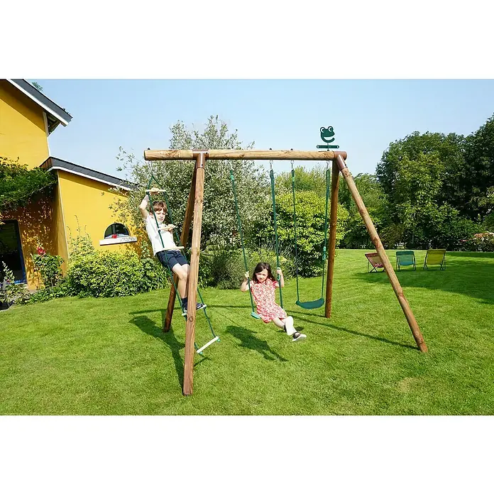 Soulet Schaukel Arthur - B x L: 189 x 278 cm, Holz - Kinder spielen auf einer hölzernen Doppelschaukel mit Strickleiter im Garten, Spaß im Freien mit dem stabilen Schaukelgestell für Kinder.