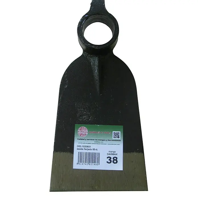 Azada 85B - Anchura de trabajo: 12,5 cm, Material cabezal del equipo: Acero - Primer plano de una azada de jardín DARMAN con etiqueta. Una herramienta robusta para jardinería con calidad garantizada.