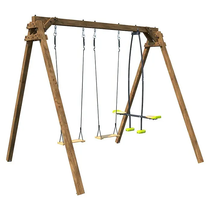 Soulet Schaukel Gautier - B x L: 207 x 240 cm, Holz - Schaukelgerüst aus Holz mit drei Schaukeln: zwei Einzelsitzen aus Holz und einer gelben Doppelschaukel.