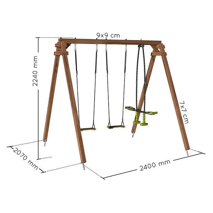 Soulet Schaukel Gautier - B x L: 207 x 240 cm, Holz - Abbildung eines Holzschaukelgestells mit zwei Schaukelsitzen und einer Doppelschaukel mit den Maßen 2240 mm Höhe und 2400 mm Länge.