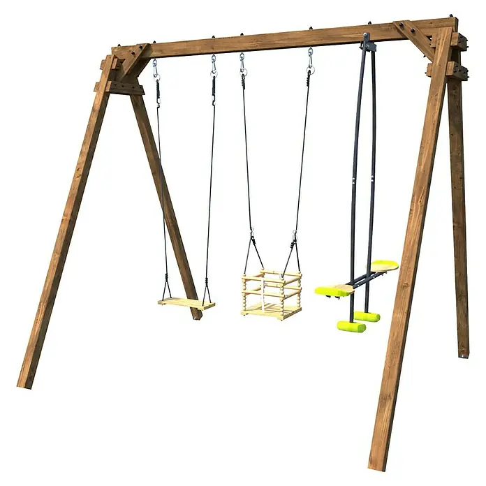 Soulet Schaukel Pierre - B x L: 207 x 240 cm, Holz - Dieses Bild zeigt einen Spielplatz mit Schaukeln, einer Rutsche und einer Kletterwand, perfekt für Outdoor-Aktivitäten und Spaß.