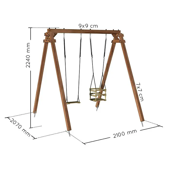 Soulet Schaukel Ambre - B x L: 207 x 210 cm, Holz - Abbildung einer Holzschaukel mit den Maßen 2240 mm hoch, 2070 mm tief und 2100 mm breit. Die obere Querstange ist 9x9 cm und die Pfosten sind 7x7 cm.