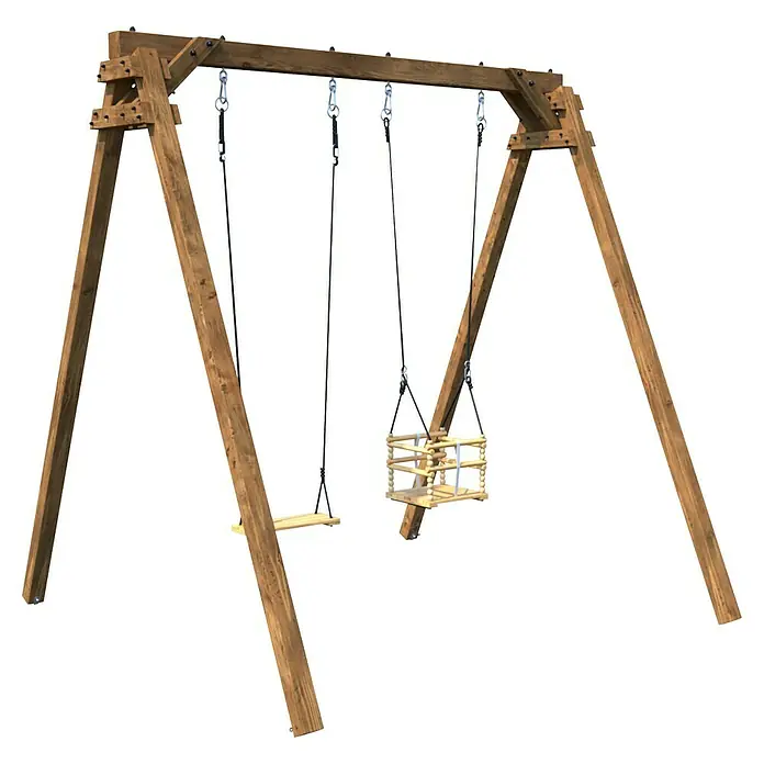 Soulet Schaukel Ambre - B x L: 207 x 210 cm, Holz - Holzschaukelgestell mit zwei Schaukeln: einer Brettschaukel und einer Babyschaukel, in Naturholzfarbe.