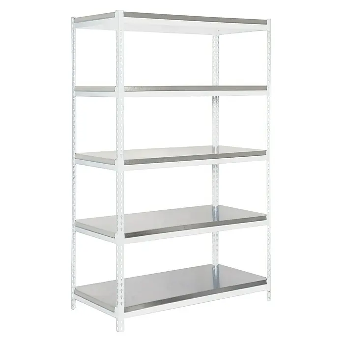 Simonrack Bricoforte Estantería para cargas pesadas Metal - Al x An x Pr: 200 x 100 x 60 cm, Capacidad de carga por balda: 300 kg, Número de baldas: 5 ud., Inserción, Blanco - Imagen de una estantería metálica con cuatro estantes, ideal para almacenamiento y organización. La estantería robusta es blanca y versátil.