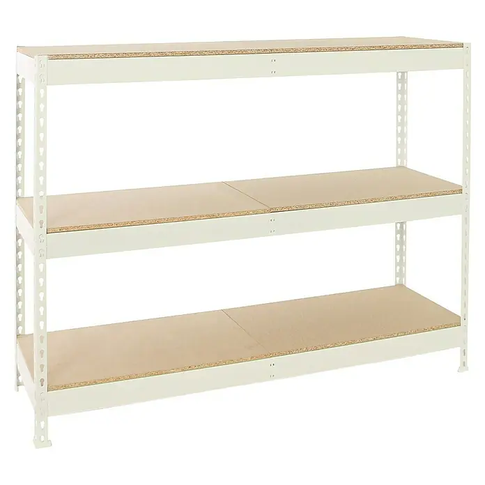 Simonrack Simonforte Estantería para cargas pesadas Chipboard - Al x An x Pr: 200 x 150 x 75 cm, Capacidad de carga por balda: 600 kg, Número de baldas: 3 ud., Inserción, Blanco/Madera - Estantería de tres niveles con estantes de madera y marco de metal color crema, ideal para el almacenamiento y la organización. La estantería es robusta.