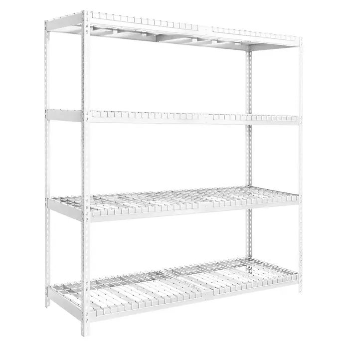 Simonrack Ecoforte Estantería para cargas pesadas Rex - Al x An x Pr: 250 x 180 x 60 cm, Capacidad de carga por balda: 400 kg, Número de baldas: 4 ud., Inserción, Blanco, Bandejas no incluidas - Una estantería blanca, vacía y resistente con cuatro niveles sobre un fondo negro. La estantería es ideal para el almacenamiento y la organización.