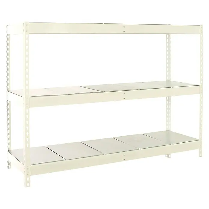 Simonrack Simonforte Estantería para cargas pesadas Metal - Al x An x Pr: 200 x 210 x 75 cm, Capacidad de carga por balda: 500 kg, Número de baldas: 3 ud., Inserción, Blanco/Galvanizado - Imagen de un sistema de estanterías blanco de dos niveles, con estructura metálica y paneles de estante, adecuado para el almacenamiento y la organización.
