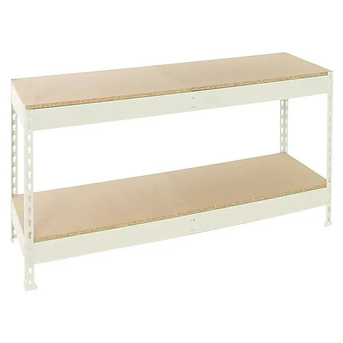 Simonrack Simonforte Estantería para cargas pesadas Chipboard - Al x An x Pr: 90 x 150 x 75 cm, Capacidad de carga por balda: 600 kg, Número de baldas: 2 ud., Inserción, Blanco/Madera - Imagen del producto: Una estantería robusta de dos niveles con estantes de madera resistentes, ideal para talleres o garajes.