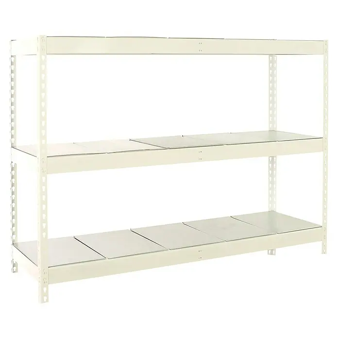Simonrack Ecoforte Estantería para cargas pesadas Metal - Al x An x Pr: 150 x 150 x 75 cm, Capacidad de carga por balda: 400 kg, Número de baldas: 3 ud., Inserción, Blanco/Galvanizado - Una estantería de almacenamiento color crema con dos niveles, ideal para organizar objetos en almacenes o garajes. Diseño práctico y robusto.