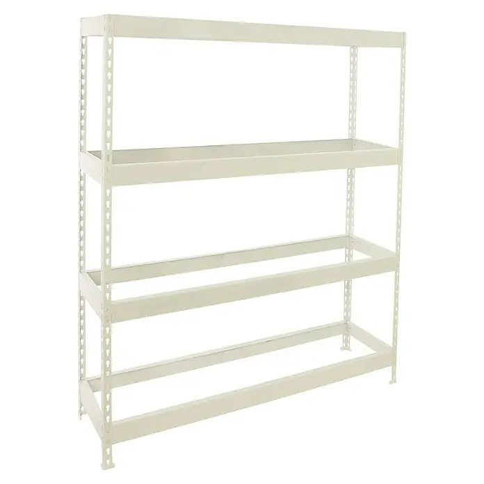 Simonrack Ecoforte Estantería para cargas pesadas - Al x An x Pr: 200 x 120 x 60 cm, Capacidad de carga por balda: 400 kg, Número de baldas: 4 ud., Inserción, Blanco, Bandejas no incluidas - Imagen detallada de una estantería metálica beige con múltiples niveles, ideal para el almacenamiento y la organización.