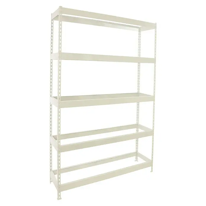 Simonrack Ecoforte Estantería para cargas pesadas - Al x An x Pr: 200 x 120 x 45 cm, Capacidad de carga por balda: 400 kg, Número de baldas: 5 ud., Inserción, Blanco, Bandejas no incluidas - La imagen muestra una estantería metálica blanca con múltiples estantes, ideal para almacenamiento y organización.