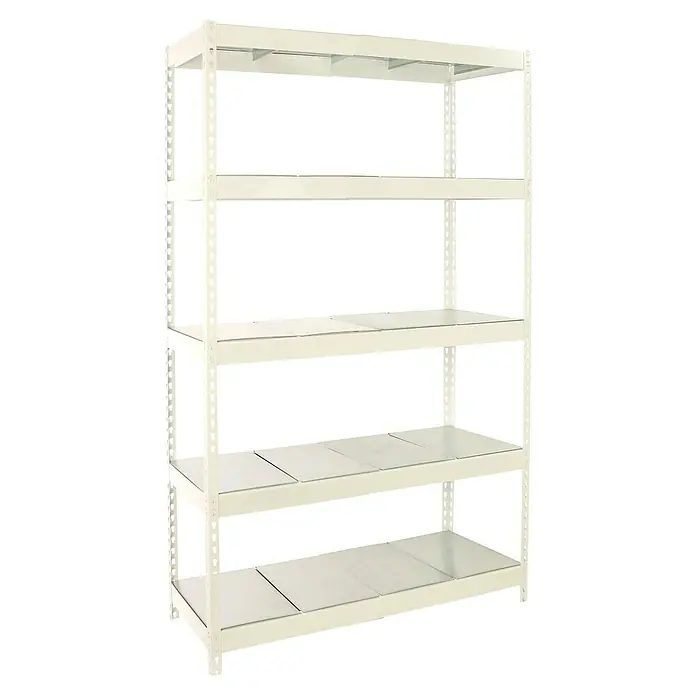 Simonrack Ecoforte Estantería para cargas pesadas Metal - Al x An x Pr: 200 x 120 x 60 cm, Capacidad de carga por balda: 400 kg, Número de baldas: 5 ud., Inserción, Blanco/Galvanizado - Toma de una estantería metálica con múltiples niveles, que ofrece una solución de almacenamiento robusta y funcional.