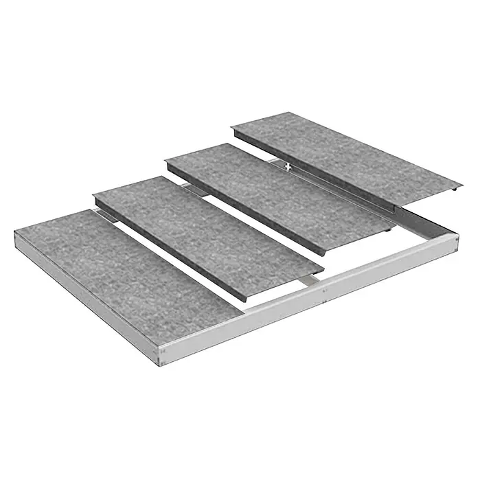 Simonrack Simonforte Estante adicional Metal - Al x An x Pr: 7 x 180 x 75 cm, Blanco/Galvanizado - Ilustración de un moderno sistema de suelo técnico elevado, ideal para oficinas y centros de datos que requieren gestión de cables y ventilación.