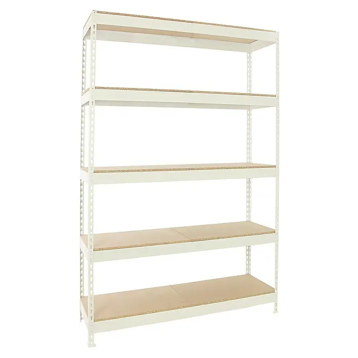 Simonrack Bricoforte Estantería para cargas pesadas Chipboard - Al x An x Pr: 200 x 100 x 60 cm, Capacidad de carga por balda: 300 kg, Número de baldas: 5 ud., Inserción, Blanco - Esta imagen muestra una estantería metálica con cinco estantes. La estantería es blanca y los estantes son de color marrón claro. La estantería ofrece amplio espacio de almacenamiento.