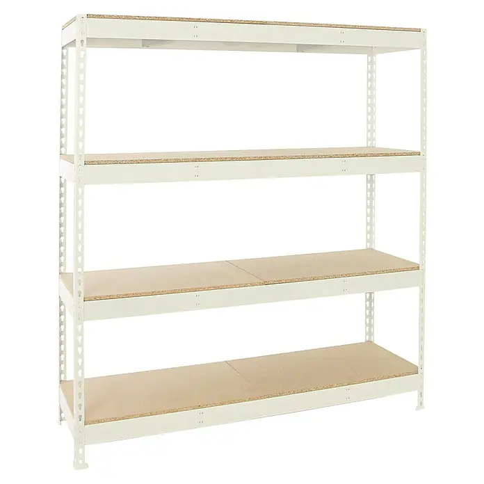 Simonrack Simonforte Estantería para cargas pesadas Chipboard - Al x An x Pr: 200 x 240 x 45 cm, Capacidad de carga por balda: 400 kg, Número de baldas: 4 ud., Inserción, Blanco/Madera - Esta imagen muestra un estante de almacenamiento independiente con cuatro niveles, ideal para organizar objetos en el garaje o el sótano.