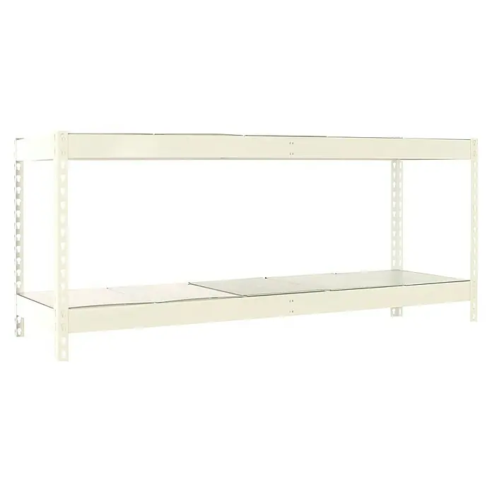 Simonrack Simonforte Estantería para cargas pesadas Metal - Al x An x Pr: 900 x 150 x 75 cm, Capacidad de carga por balda: 600 kg, Número de baldas: 2 ud., Inserción, Blanco/Galvanizado - Primer plano de un estante de almacenamiento metálico con múltiples compartimentos, ideal para el almacenamiento. Muy robusto y duradero.