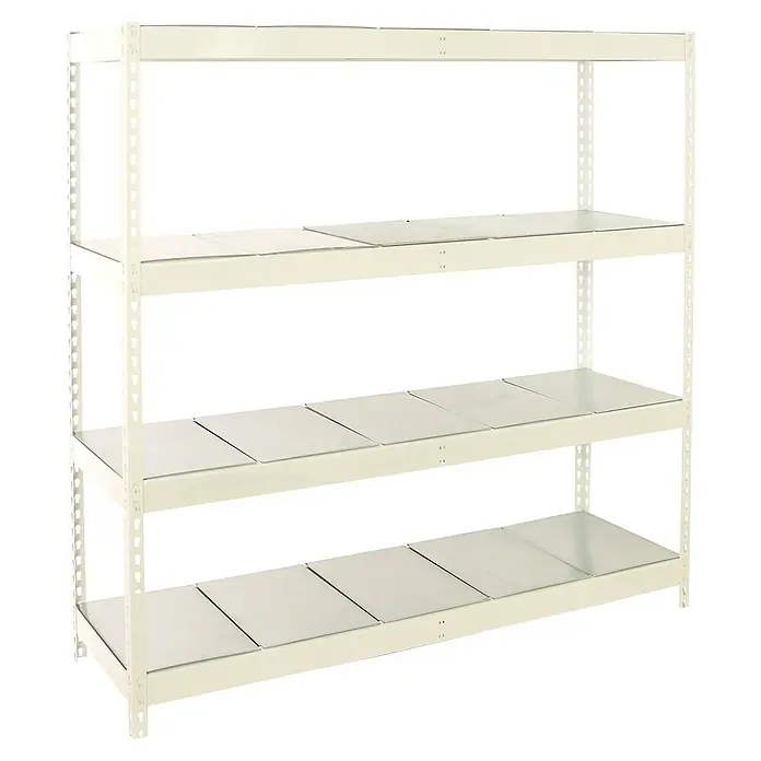 Simonrack Simonforte Estantería para cargas pesadas Metal - Al x An x Pr: 200 x 180 x 60 cm, Capacidad de carga por balda: 600 kg, Número de baldas: 4 ud., Inserción, Blanco/Galvanizado - La imagen muestra una estantería blanca resistente de tres niveles, ideal para el almacenamiento y la organización en un almacén o taller.