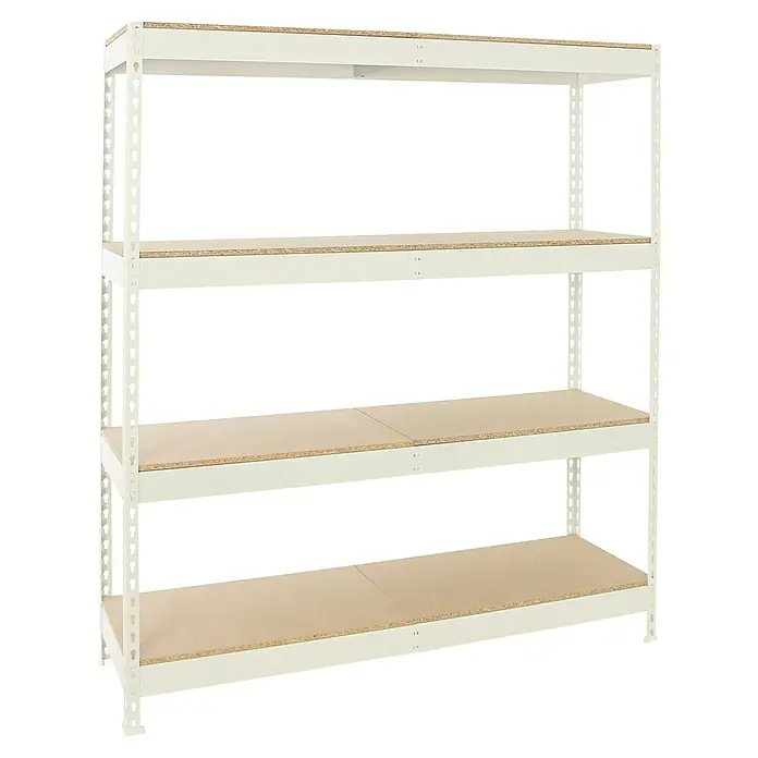 Simonrack Simonforte Estantería para cargas pesadas Chipboard - Al x An x Pr: 200 x 180 x 75 cm, Capacidad de carga por balda: 600 kg, Número de baldas: 4 ud., Inserción, Blanco/Madera - Una estantería blanca con cuatro estantes de tablero de partículas. Está vacía y es ideal para almacenamiento en un garaje.