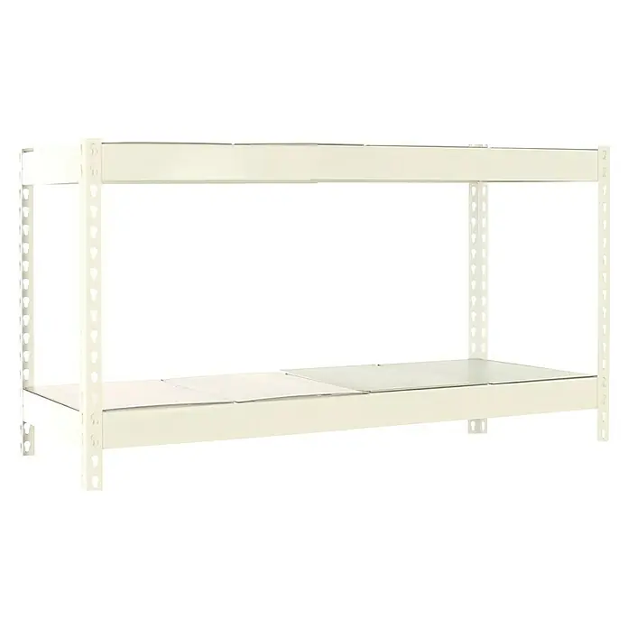 Simonrack Ecoforte Estantería para cargas pesadas Metal - Al x An x Pr: 90 x 120 x 45 cm, Capacidad de carga por balda: 400 kg, Número de baldas: 2 ud., Inserción, Blanco/Galvanizado - Imagen que muestra una estantería beige con dos niveles, ideal para almacenamiento. La estructura parece robusta y funcional.