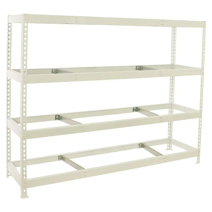 Simonrack Simonforte Estantería para cargas pesadas Metal - Al x An x Pr: 200 x 240 x 60 cm, Capacidad de carga por balda: 400 kg, Número de baldas: 4 ud., Inserción, Blanco, Bandejas no incluidas - Una vista de una estantería de almacén vacía de color crema con cuatro niveles contra un fondo negro.