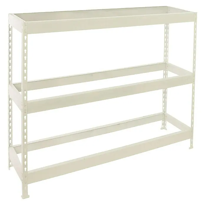 Simonrack Ecoforte Estantería para cargas pesadas - Al x An x Pr: 200 x 120 x 60 cm, Capacidad de carga por balda: 400 kg, Número de baldas: 3 ud., Inserción, Blanco, Bandejas no incluidas - Una estantería de metal beige de tres niveles con estantes inclinados, ideal para almacenamiento y exhibición.