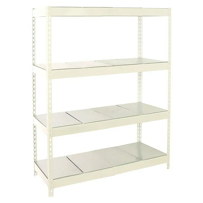 Simonrack Ecoforte Estantería para cargas pesadas Metal - Al x An x Pr: 200 x 120 x 60 cm, Capacidad de carga por balda: 400 kg, Número de baldas: 4 ud., Inserción, Blanco/Galvanizado - Imagen de una estantería metálica blanca con cuatro estantes, que ofrece una solución de almacenamiento robusta y funcional.