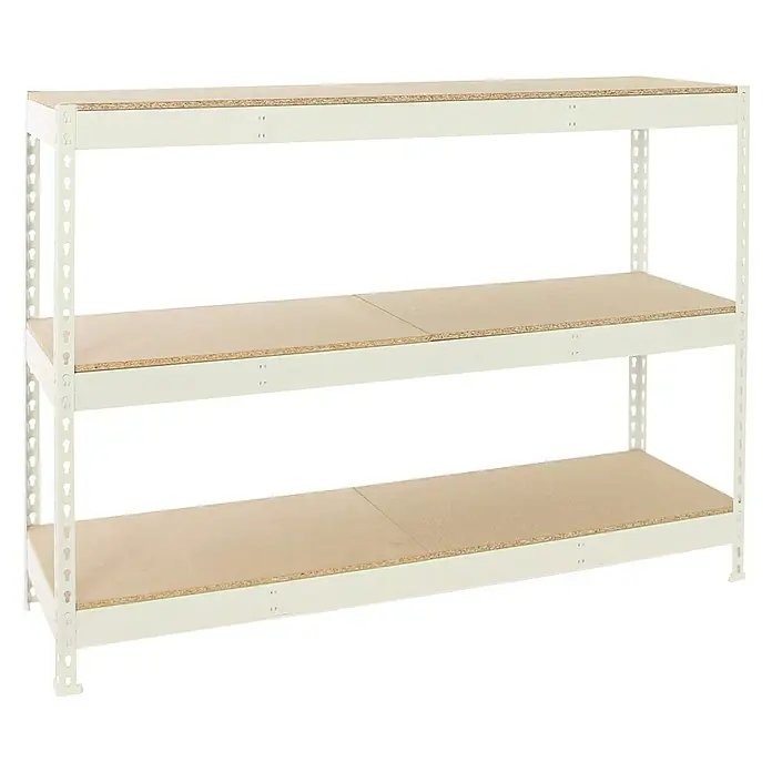 Simonrack Simonforte Estantería para cargas pesadas Chipboard - Al x An x Pr: 200 x 240 x 60 cm, Capacidad de carga por balda: 400 kg, Número de baldas: 3 ud., Inserción, Blanco/Madera - Una estantería de tres niveles con marcos de metal blanco. Los estantes son de madera.