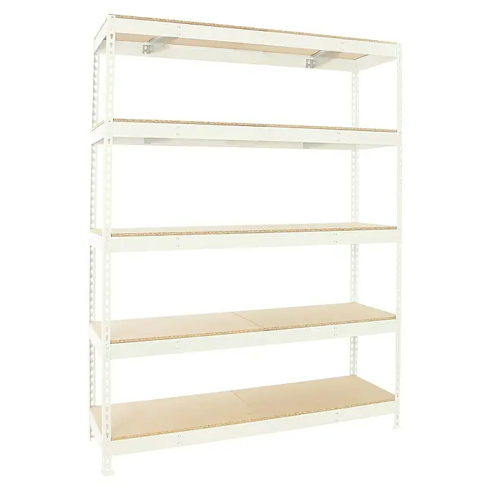 Simonrack Simonforte Estantería para cargas pesadas Chipboard - Al x An x Pr: 200 x 240 x 60 cm, Capacidad de carga por balda: 400 kg, Número de baldas: 5 ud., Inserción, Blanco/Madera - Una estantería blanca con cinco estantes de madera para almacenamiento y organización.