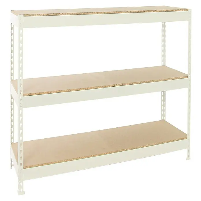 Simonrack Simonforte Estantería para cargas pesadas Chipboard - Al x An x Pr: 150 x 120 x 60 cm, Capacidad de carga por balda: 600 kg, Número de baldas: 3 ud., Inserción, Blanco/Madera - Estantería de tres niveles con estantes de madera clara y estructura de metal blanco. Ideal para almacenamiento y organización.