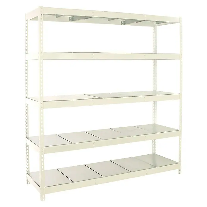 Simonrack Simonforte Estantería para cargas pesadas Metal - Al x An x Pr: 200 x 240 x 90 cm, Capacidad de carga por balda: 400 kg, Número de baldas: 5 ud., Inserción, Blanco/Galvanizado - Imagen de una robusta estantería de almacenamiento beige con múltiples niveles, perfecta para organizar espacios de almacenamiento.