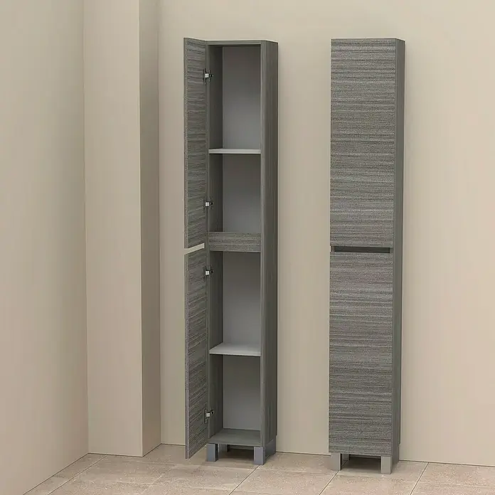 Artysan Armario alto de baño Inca - 24,6 x 26,5 x 173 cm, Ceniza - Dos armarios de baño grises, uno abierto con estantes y el otro cerrado, que ofrecen un amplio espacio de almacenamiento.
