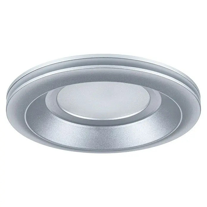 Paulmann Einbauleuchte Sormus - 6,5 W, Ø x H: 10 x 3,3 cm, Chrom matt, 1 Stk., Warmweiß - Nahaufnahme einer runden, silberfarbenen LED-Deckenleuchte mit einem matten, weißen Diffusor in der Mitte für eine gleichmäßige Ausleuchtung.