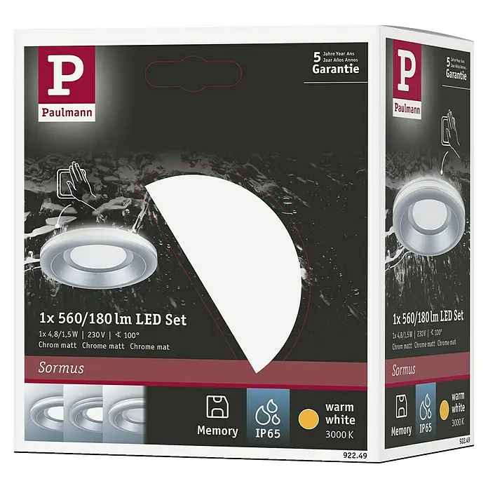 Paulmann Foco empotrable Sormus - 6,5 W, Ø x Al: 10 x 3,3 cm, Cromo, 1 ud., Blanco cálido - Conjunto de focos empotrables LED Paulmann Sormus con acabado en cromo mate, luz blanca cálida (3000 K) y función de memoria.