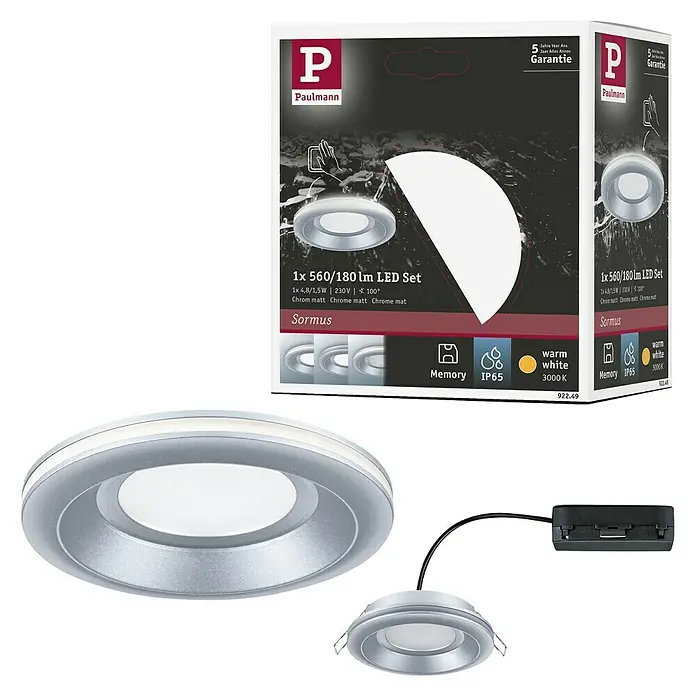 Paulmann Einbauleuchte Sormus - 6,5 W, Ø x H: 10 x 3,3 cm, Chrom matt, 1 Stk., Warmweiß - Produktabbildung eines Paulmann Sormus LED-Einbaustrahler-Sets in Chrom matt, ideal für stimmungsvolle Beleuchtung mit warmweißem Licht.