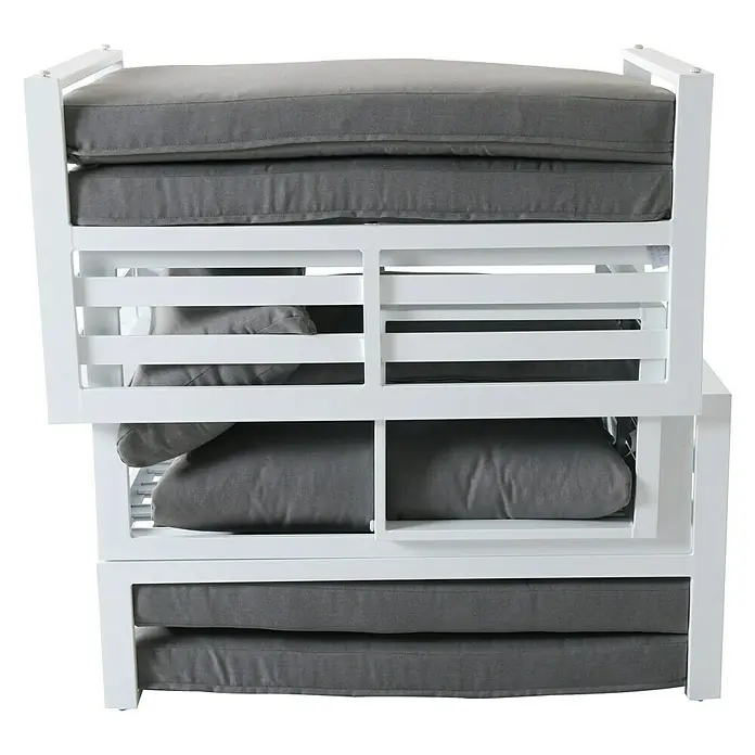 Sunfun Hannah Conjunto de muebles - 5 pzs., Aluminio, Gris - Imagen de un sillón blanco con cojines grises apilados para sentarse cómodamente o para guardarlos.