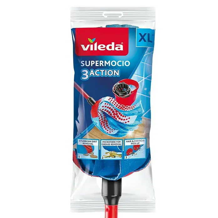Vileda SuperMocio Wischmop 3Action - Kunststoff - Abbildung des Vileda SuperMocio 3Action XL Wischmops, der hartnäckigen Schmutz, Fett und Partikel zuverlässig entfernt.
