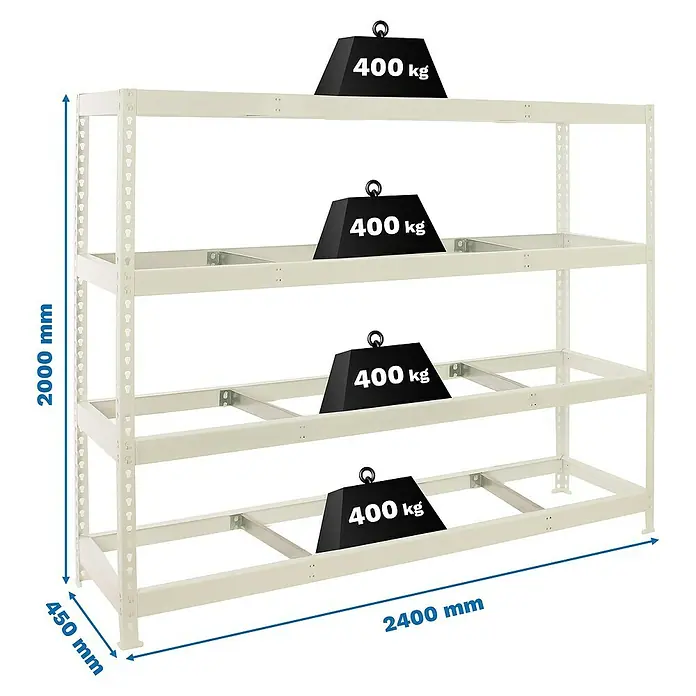 Simonrack Simonforte Estantería para cargas pesadas Metal - Al x An x Pr: 200 x 240 x 45 cm, Capacidad de carga por balda: 400 kg, Número de baldas: 4 ud., Inserción, Blanco, Bandejas no incluidas - Ilustración de una estantería de alta resistencia con cuatro niveles y especificaciones de peso, ideal para almacenamiento.