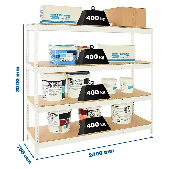 Simonrack Simonforte Estantería para cargas pesadas Chipboard - Al x An x Pr: 200 x 240 x 75 cm, Capacidad de carga por balda: 400 kg, Número de baldas: 4 ud., Inserción, Blanco/Madera - Una estantería blanca de alta resistencia con cuatro niveles, cargada con recipientes de pintura y pesas para demostrar su capacidad de carga.