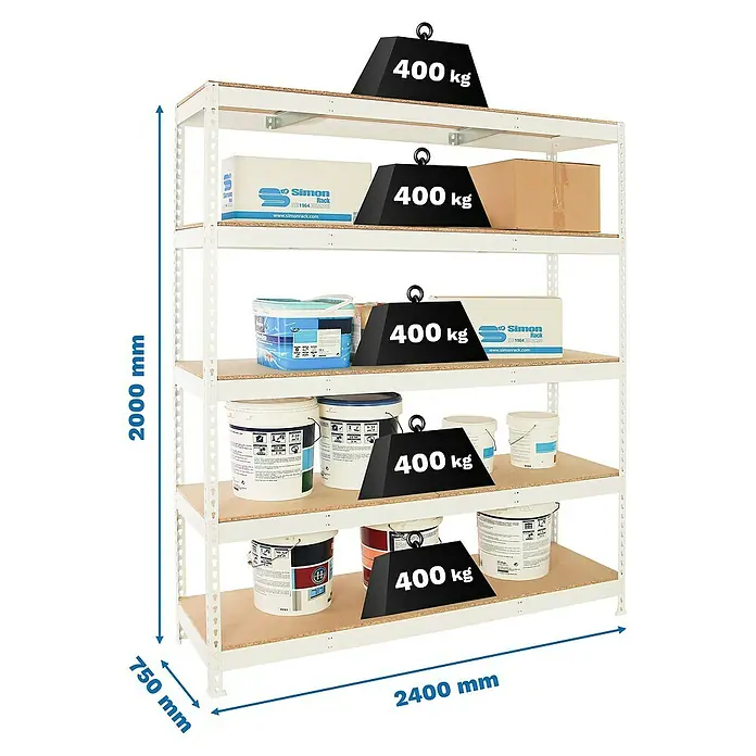 Simonrack Simonforte Estantería para cargas pesadas Chipboard - Al x An x Pr: 200 x 240 x 75 cm, Capacidad de carga por balda: 400 kg, Número de baldas: 5 ud., Inserción, Blanco/Madera - Vista de una estantería blanca de alta resistencia cargada con cinco estantes e indicaciones de peso.