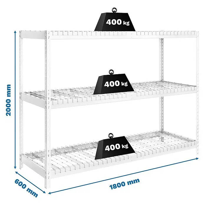 Simonrack Ecoforte Estantería para cargas pesadas Rex - Al x An x Pr: 200 x 180 x 60 cm, Capacidad de carga por balda: 300 kg, Número de baldas: 3 ud., Inserción, Blanco, Bandejas no incluidas - Imagen de una estantería blanca de alta resistencia con tres niveles, cada uno cargado con un peso de 400 kg.