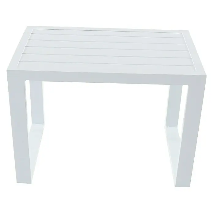 Sunfun Hannah Conjunto de muebles - 5 pzs., Aluminio, Gris - Primer plano de una moderna mesa auxiliar blanca con tablero de listones y diseño cuadrado, ideal para exteriores.