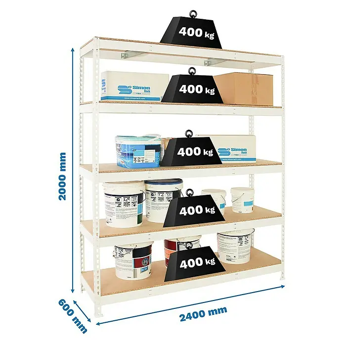 Simonrack Simonforte Estantería para cargas pesadas Chipboard - Al x An x Pr: 200 x 240 x 60 cm, Capacidad de carga por balda: 400 kg, Número de baldas: 5 ud., Inserción, Blanco/Madera - Imagen de una estantería resistente de cinco niveles, cargada con cubos de pintura, cajas y pesos de 400 kg. Las dimensiones son 2000 x 600 x 2400 mm.