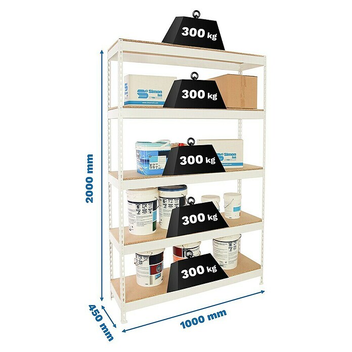 Simonrack Bricoforte Estantería para cargas pesadas Chipboard (Al x An x Pr: 200 x 100 x 45 cm, Capacidad de carga por balda: 300 kg, Número de baldas: 5 ud., Inserción, Blanco) | BAUHAUS