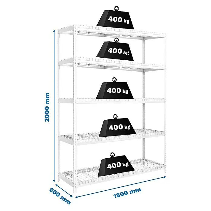 Simonrack Ecoforte Estantería para cargas pesadas Rex - Al x An x Pr: 200 x 180 x 60 cm, Capacidad de carga por balda: 300 kg, Número de baldas: 5 ud., Inserción, Blanco, Bandejas no incluidas - Imagen de una estantería blanca de alta resistencia con cinco niveles, cada uno cargado con pesas de 400 kg, incluyendo especificaciones de tamaño.