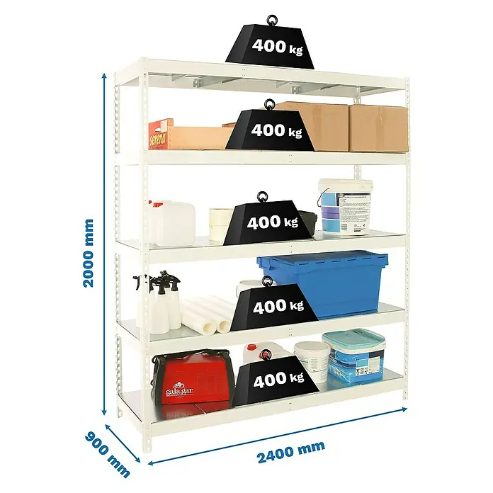 Simonrack Simonforte Estantería para cargas pesadas Metal - Al x An x Pr: 200 x 240 x 90 cm, Capacidad de carga por balda: 400 kg, Número de baldas: 5 ud., Inserción, Blanco/Galvanizado - Estantería de almacenamiento versátil con cinco niveles y alta capacidad de carga, ideal para taller, almacén o garaje.