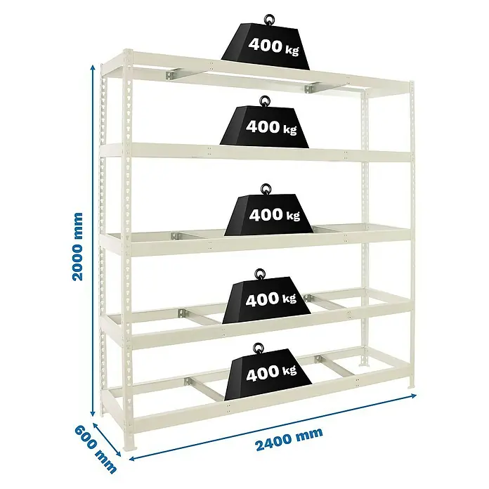 Simonrack Simonforte Estantería para cargas pesadas Metal - Al x An x Pr: 200 x 240 x 60 cm, Capacidad de carga por balda: 400 kg, Número de baldas: 5 ud., Inserción, Blanco, Bandejas no incluidas - Estantería de carga pesada con cinco estantes, cada uno cargado con 400 kg, dimensiones: 2000 mm de alto, 600 mm de profundidad, 2400 mm de ancho.