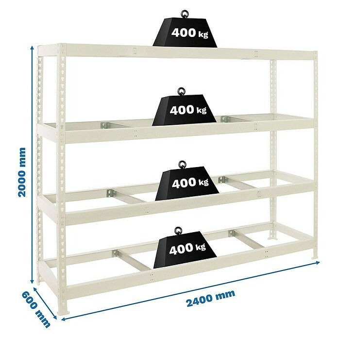Simonrack Simonforte Estantería para cargas pesadas Metal (Al x An x Pr: 200 x 240 x 60 cm, Capacidad de carga por balda: 400 kg, Número de baldas: 4 ud., Inserción, Blanco, Bandejas no incluidas) | BAUHAUS