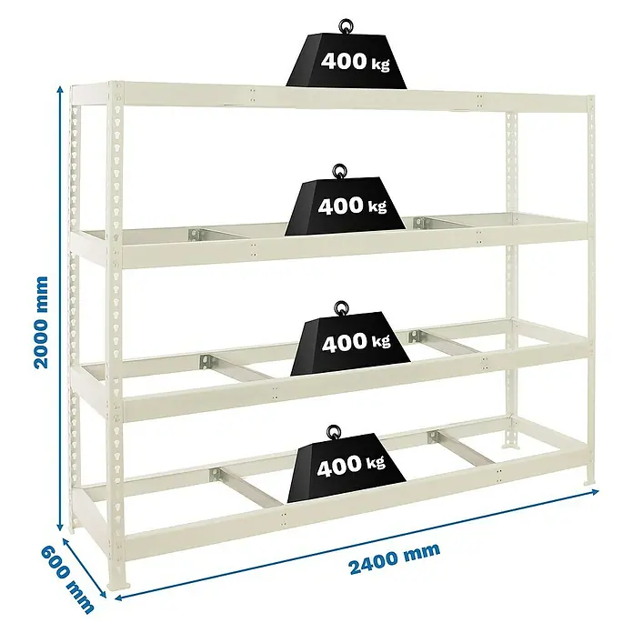 Simonrack Simonforte Estantería para cargas pesadas Metal - Al x An x Pr: 200 x 240 x 60 cm, Capacidad de carga por balda: 400 kg, Número de baldas: 4 ud., Inserción, Blanco, Bandejas no incluidas - Imagen de una estantería resistente beige de 2000 mm de altura, 2400 mm de anchura y 600 mm de profundidad, cargada con 4 pesos de 400 kg cada uno.