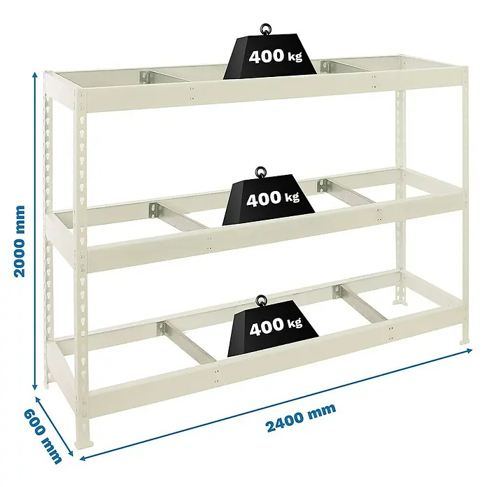 Simonrack Simonforte Estantería para cargas pesadas Metal - Al x An x Pr: 200 x 240 x 60 cm, Capacidad de carga por balda: 400 kg, Número de baldas: 3 ud., Inserción, Blanco, Bandejas no incluidas - Ilustración de un estante blanco de alta resistencia que mide 2400 mm x 600 mm x 2000 mm, cargado con tres pesos de 400 kg.